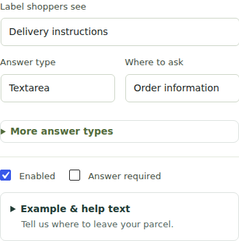 Actual Free editor: Delivery instructions textarea, shown in order information, enabled and optional.