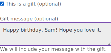Cartdini Pro checkout with This is a gift checked and the message Happy birthday, Sam! Hope you love it.
