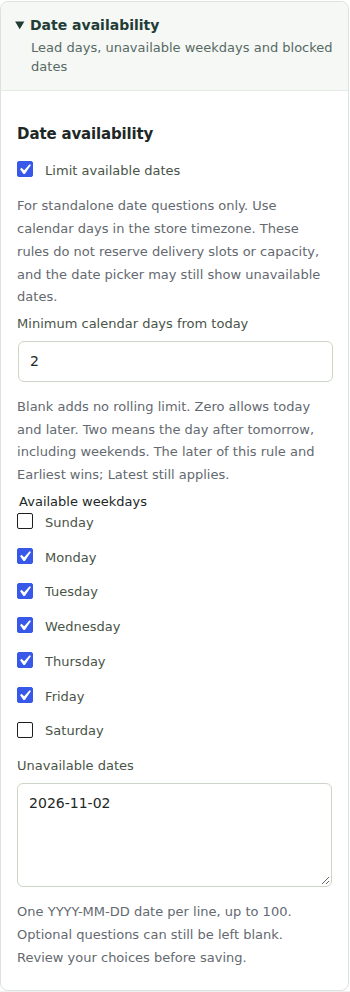 Cartdini Pro Date availability with two calendar days, weekdays and an excluded date.