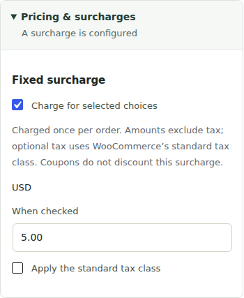 Cartdini Pro Pricing and surcharges controls for a 5 dollar gift wrapping checkbox.