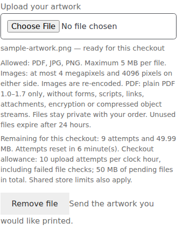 Actual checkout upload confirmation for sample-artwork.png.