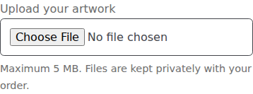 Actual artwork upload input with no file selected and the 5 MB limit.