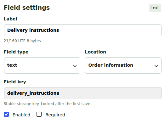 Cartdini Free in WordPress with the Delivery instructions text field selected.